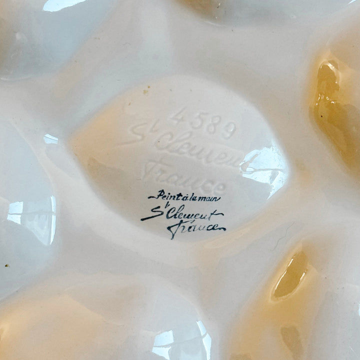 French Saint Clément Majolica Green & Yellow Lemon Wedge Oyster Plate