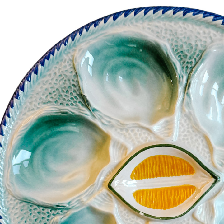 1960s French Saint Clément Majolica Green & Yellow Lemon Wedge Oyster Plate