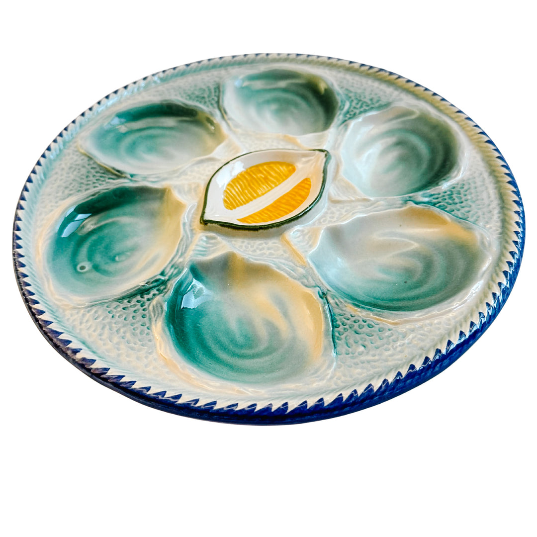 1960s French Saint Clément Majolica Green & Yellow Lemon Wedge Oyster Plate