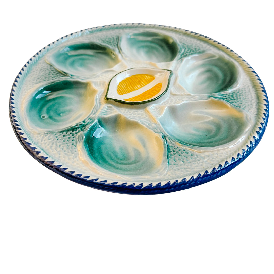 French Saint Clément Majolica Green & Yellow Lemon Wedge Oyster Plate