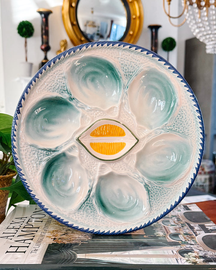 1960s French Saint Clément Majolica Green & Yellow Lemon Wedge Oyster Plate