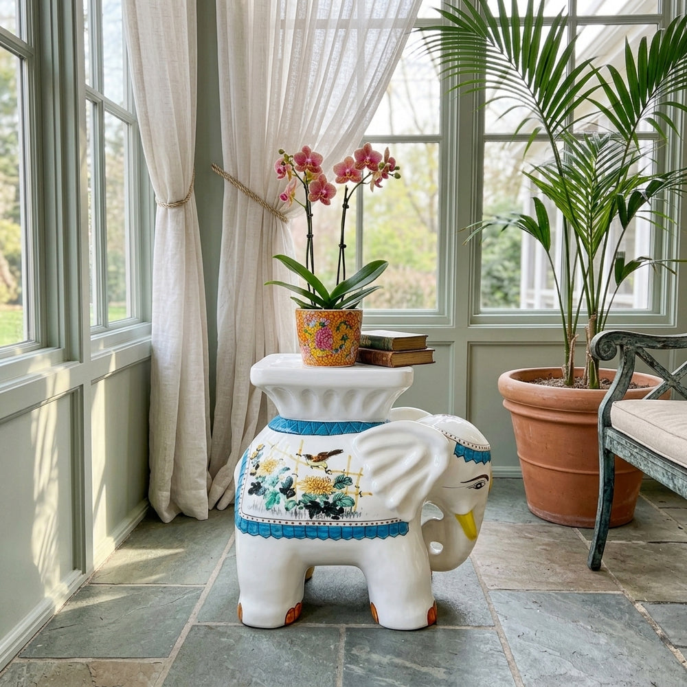 Mid-Size Hollywood Regency Style Chinoiserie Elephant Garden Stool & Plant Stand