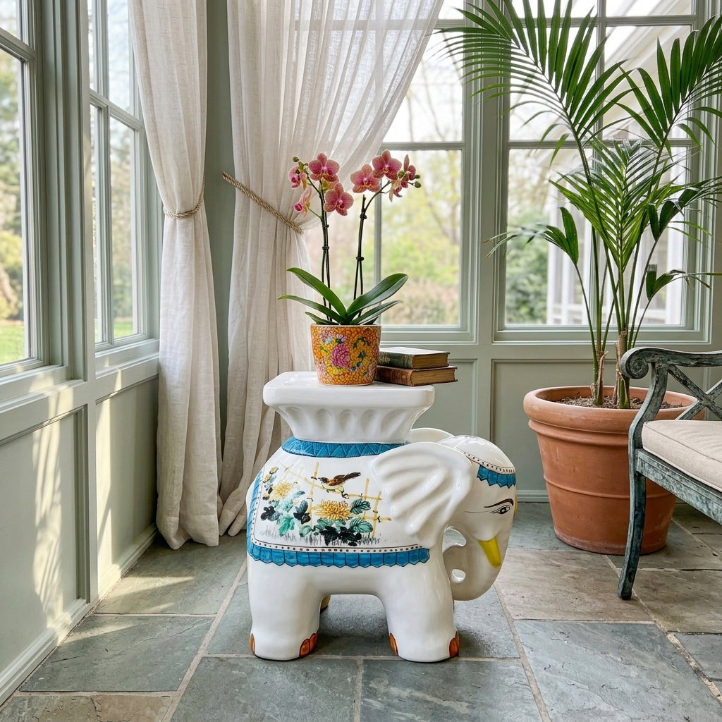 Mid-Size Hollywood Regency Style Chinoiserie Elephant Garden Stool & Plant Stand
