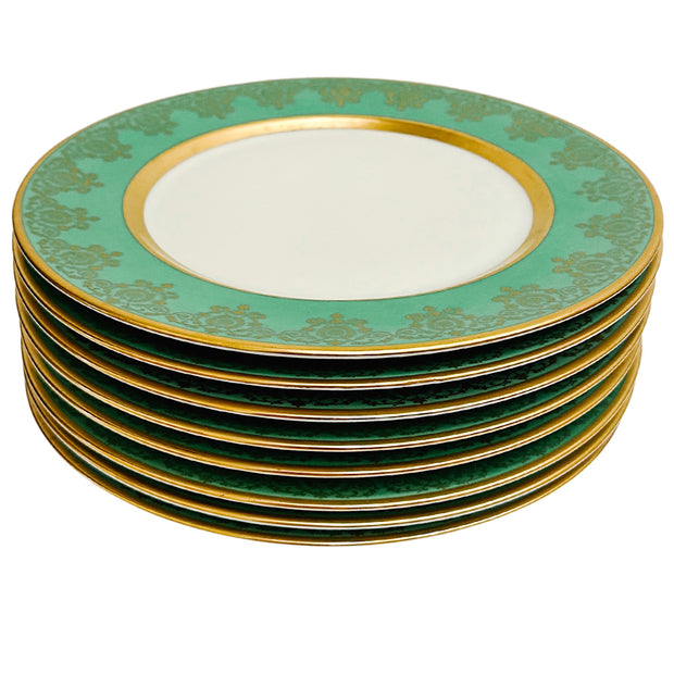 Gold Encrusted Green Dinner Plates by Heinrich & Co Bavaria