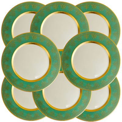 Gold Encrusted Green Dinner Plates by Heinrich & Co Bavaria