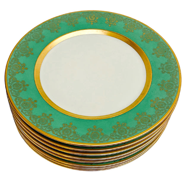 Gold Encrusted Green Dinner Plates by Heinrich & Co Bavaria