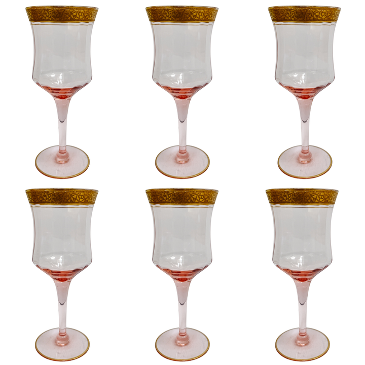 Gold Encrusted Pink Wine Glasses By Tiffin-Franciscan Set of 6