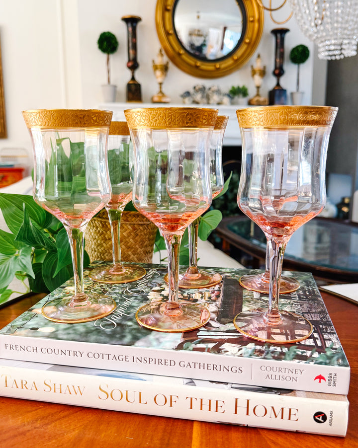 Gold Encrusted Pink Wine Glasses By Tiffin-Franciscan Set of 6