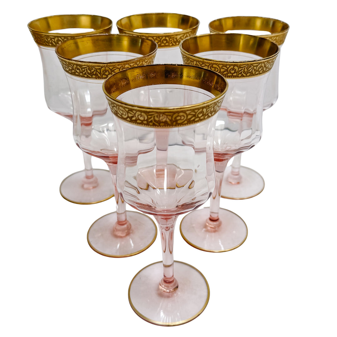 Gold Encrusted Pink Wine Glasses By Tiffin-Franciscan Set of 6