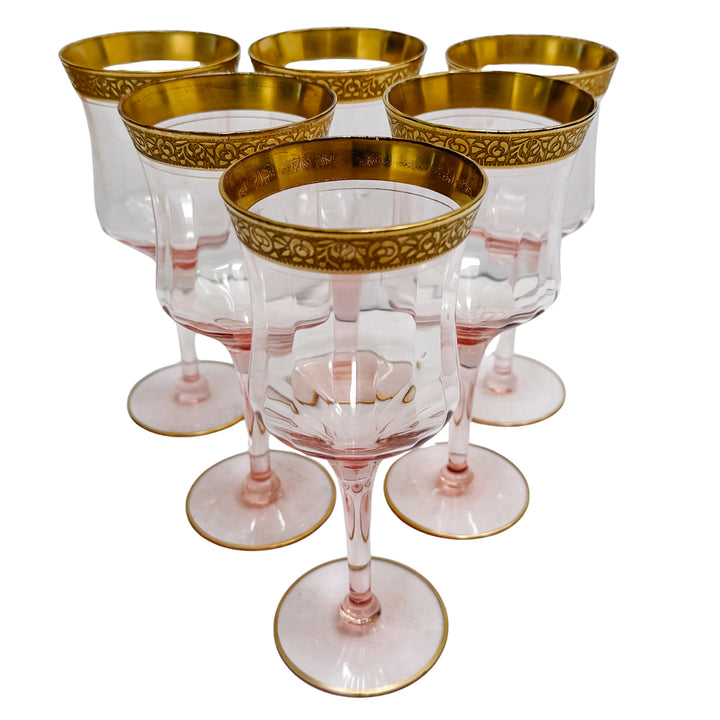 Gold Encrusted Pink Wine Glasses By Tiffin-Franciscan Set of 6