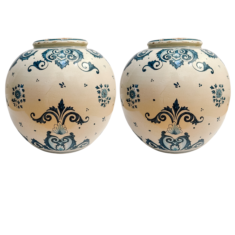 Grand-Scale Italian Renaissance Revival Majolica Hand-Painted Terracotta Ginger Jars