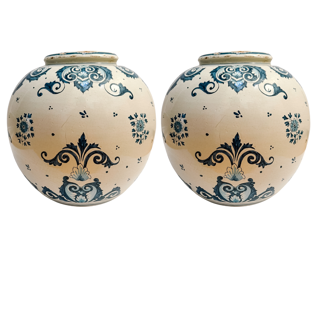 Grand-Scale Italian Renaissance Revival Majolica Hand-Painted Terracotta Ginger Jars