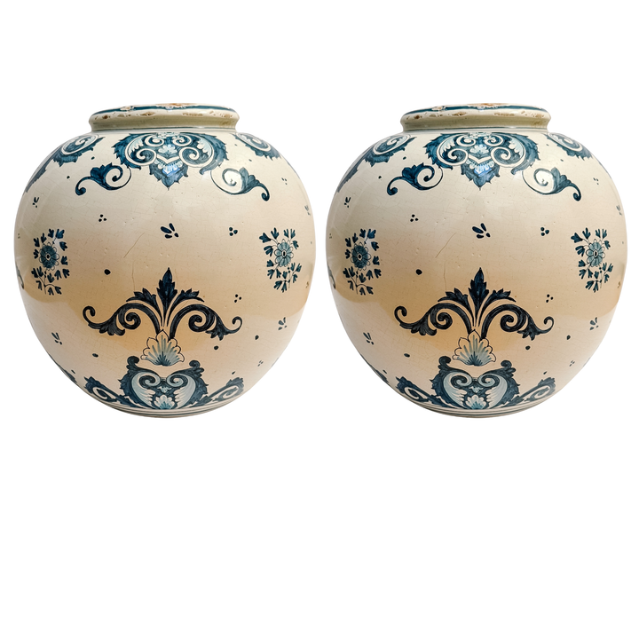 Grand-Scale Italian Renaissance Revival Majolica Hand-Painted Terracotta Ginger Jars