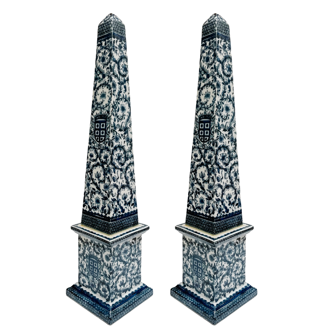 Grand Scale Pair of 26" Chinese Export Blue and White Ceramic Obelisks