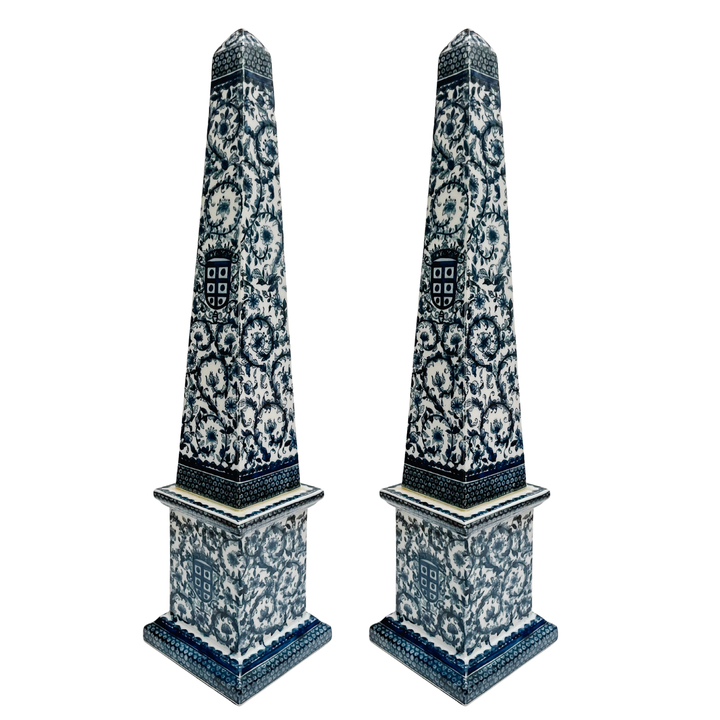 Grand Scale Pair of 26" Chinese Export Blue and White Ceramic Obelisks