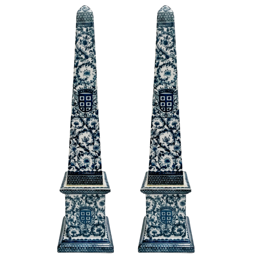 Grand Scale Pair of 26" Chinese Export Blue and White Ceramic Obelisks