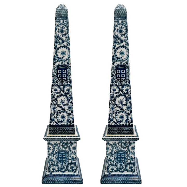 Grand Scale Pair of 26" Chinese Export Blue and White Ceramic Obelisks