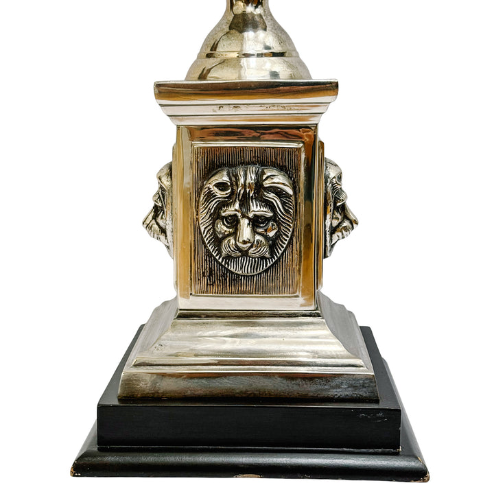 Grand Tour Style Lion Head Monumental Obelisk with Architectural Finial on Tiered Wood Base