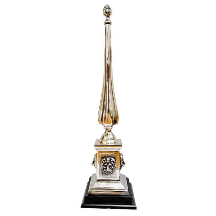 Grand Tour Style Lion Head Monumental Obelisk with Architectural Finial on Tiered Wood Base