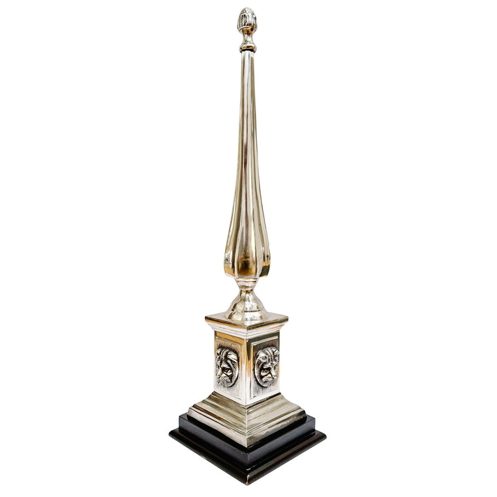 Grand Tour Style Lion Head Monumental Obelisk with Architectural Finial on Tiered Wood Base