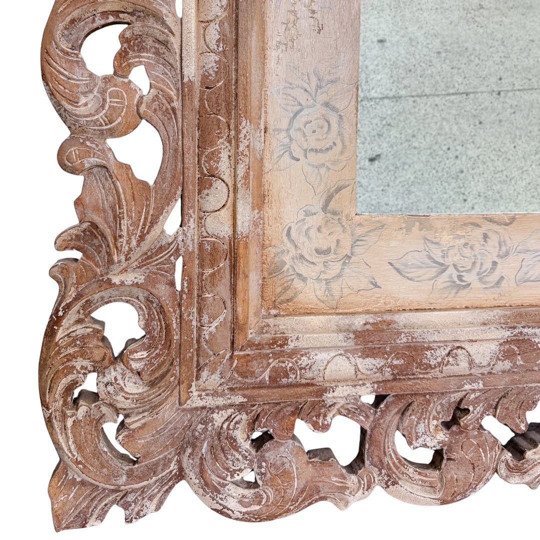 Grand Venetian Style Wood Carved Floor or Wall Architectural Mirror in Distressed Whitewash