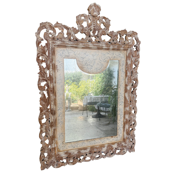 Grand Venetian Style Wood Carved Floor or Wall Architectural Mirror in Distressed Whitewash