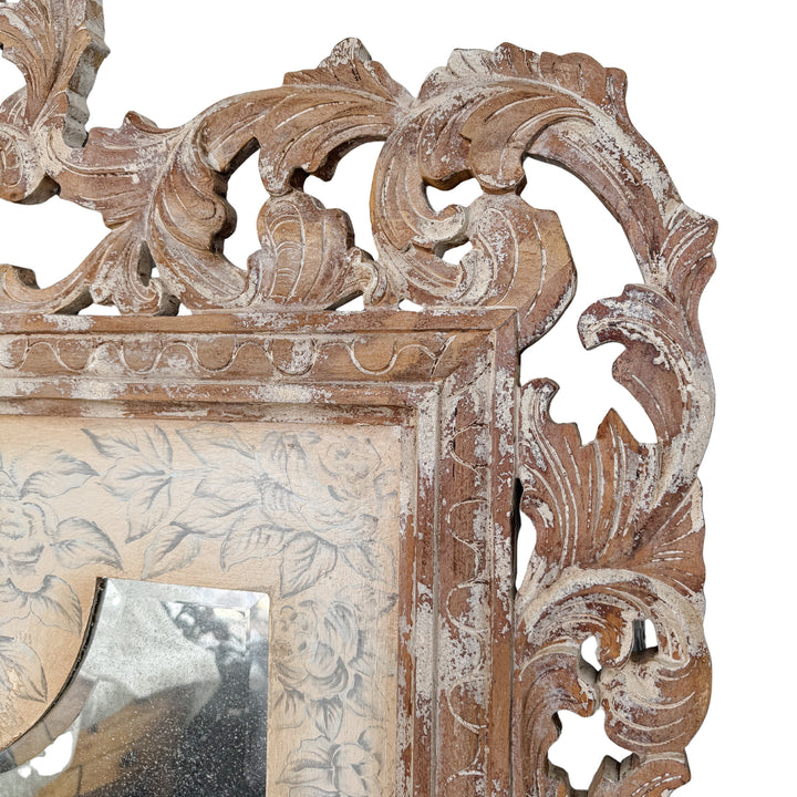 Grand Venetian Style Wood Carved Floor or Wall Architectural Mirror in Distressed Whitewash