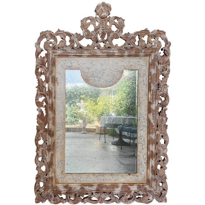 Grand Venetian Style Wood Carved Floor or Wall Architectural Mirror in Distressed Whitewash