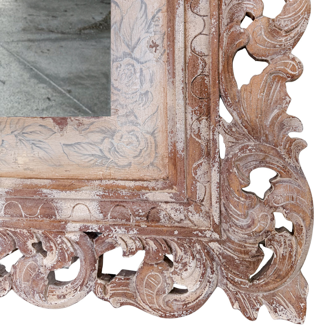 Grand Venetian Style Wood Carved Floor or Wall Architectural Mirror in Distressed Whitewash