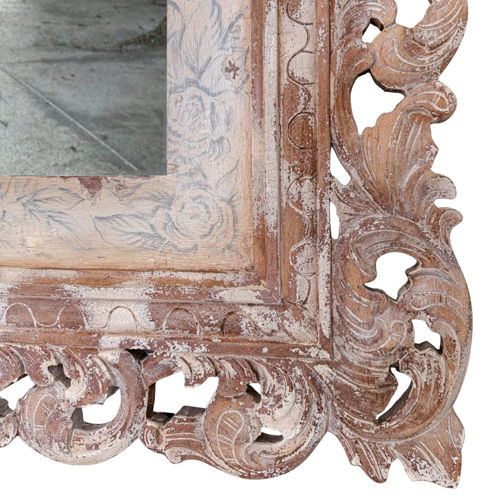 Grand Venetian Style Wood Carved Floor or Wall Architectural Mirror in Distressed Whitewash