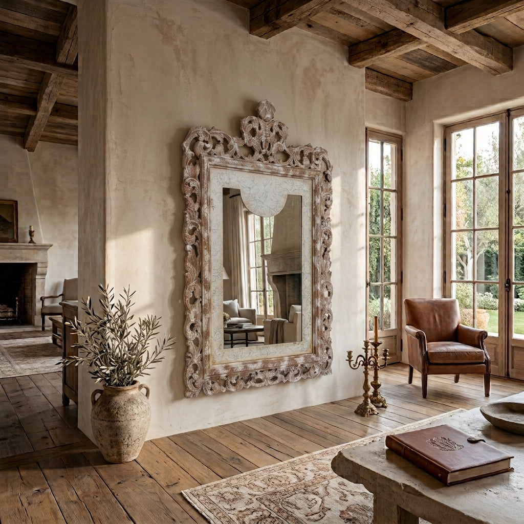 Grand Venetian Style Wood Carved Floor or Wall Architectural Mirror in Distressed Whitewash