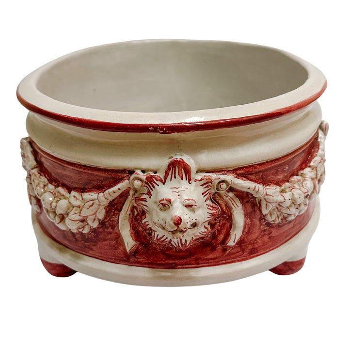 Grand Neoclassical Revival Majolica Jardinière With Lion Head Medallions