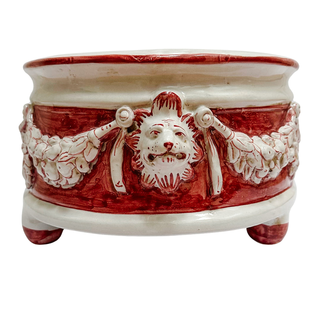 Grand Neoclassical Revival Majolica Jardinière With Lion Head Medallions