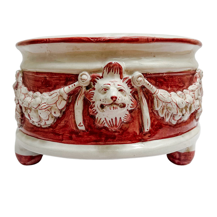 Grand Neoclassical Revival Majolica Jardinière With Lion Head Medallions