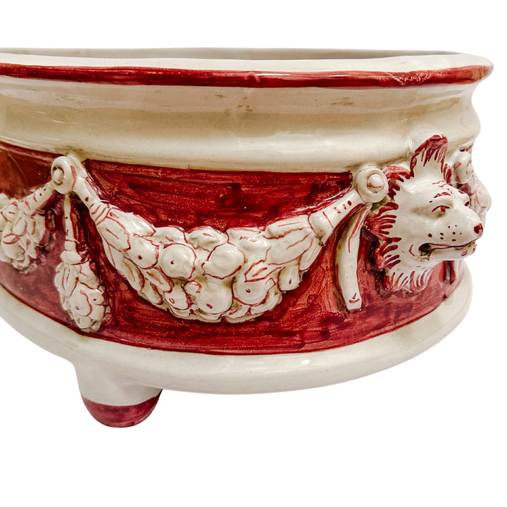 Grand Neoclassical Revival Majolica Jardinière With Lion Head Medallions