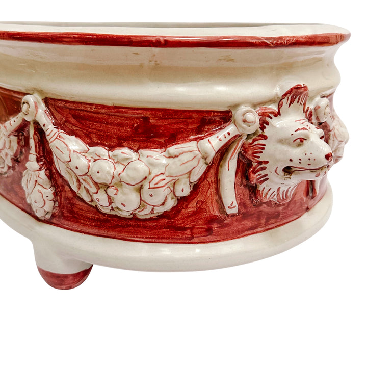 Grand Neoclassical Revival Majolica Jardinière With Lion Head Medallions