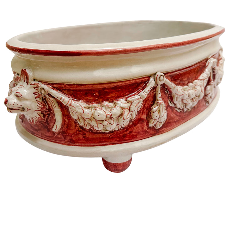 Grand Neoclassical Revival Majolica Jardinière With Lion Head Medallions