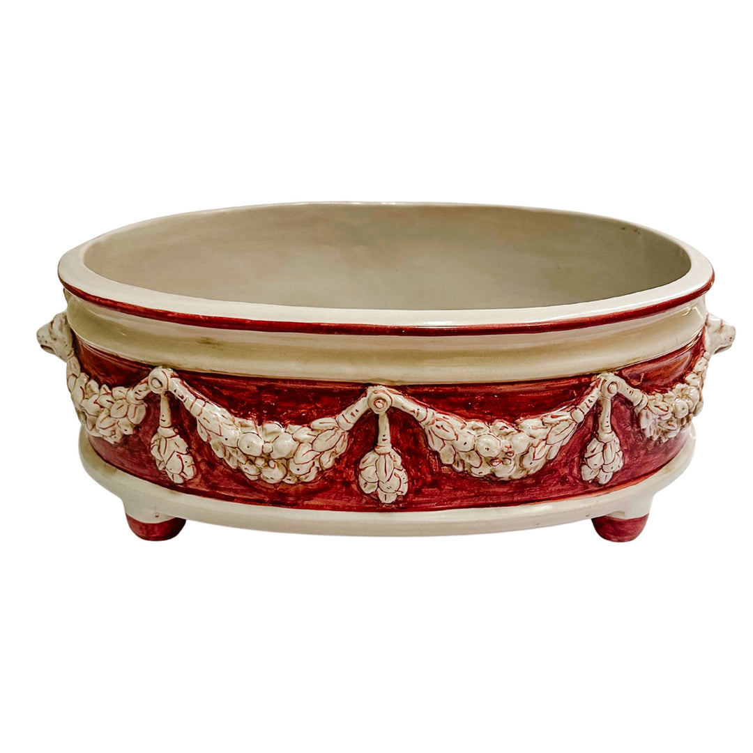 Grand Neoclassical Revival Majolica Jardinière With Lion Head Medallions
