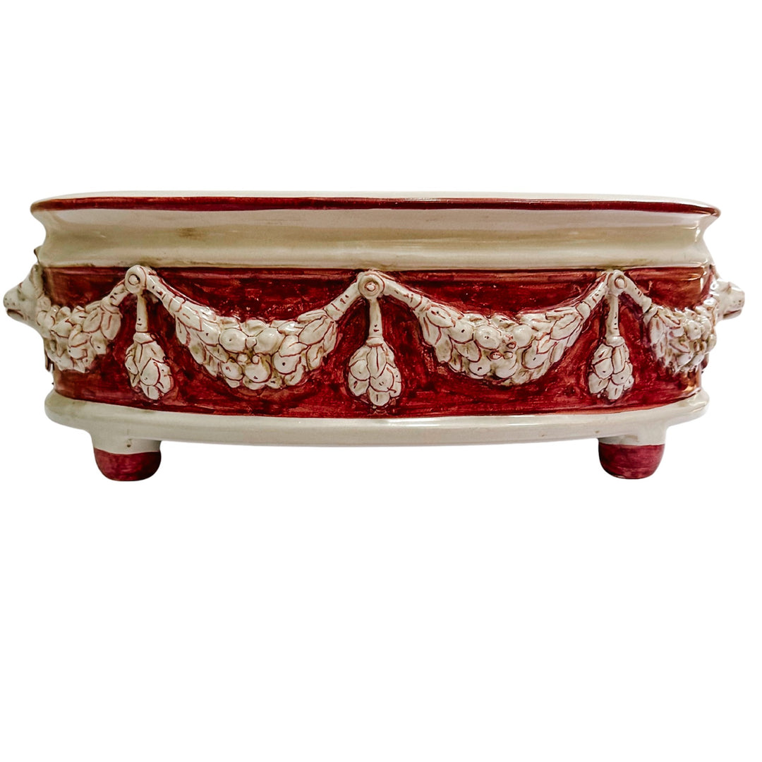 Grand Neoclassical Revival Majolica Jardinière With Lion Head Medallions