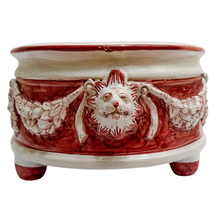 Grand Neoclassical Revival Majolica Jardinière With Lion Head Medallions