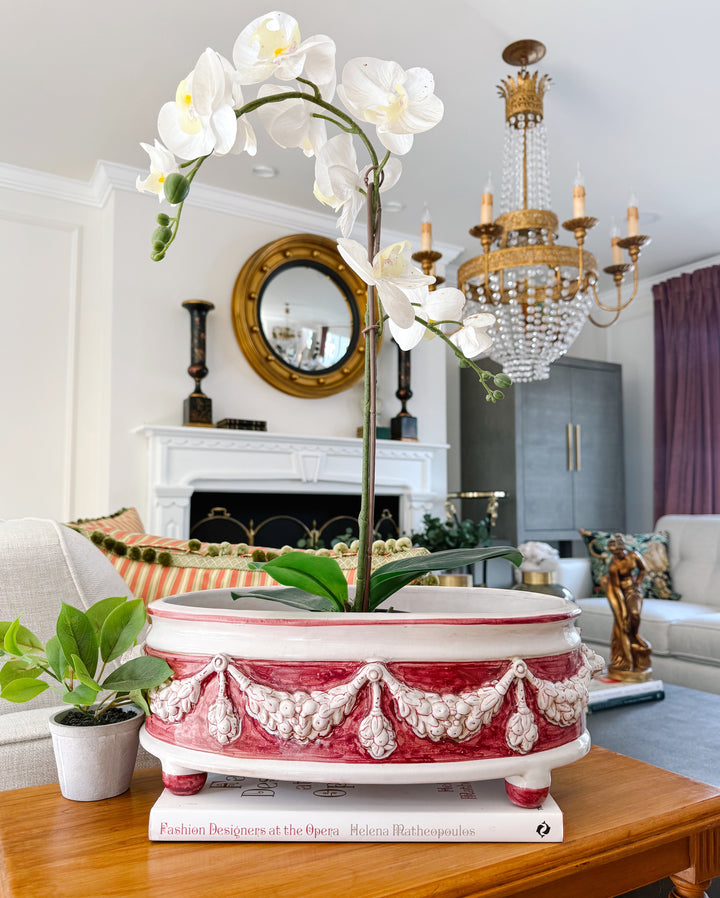 Grand Neoclassical Revival Majolica Jardinière With Lion Head Medallions