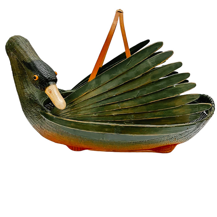 Green Woven Wicker Rattan & Bamboo Goose or Swan Duck Basket