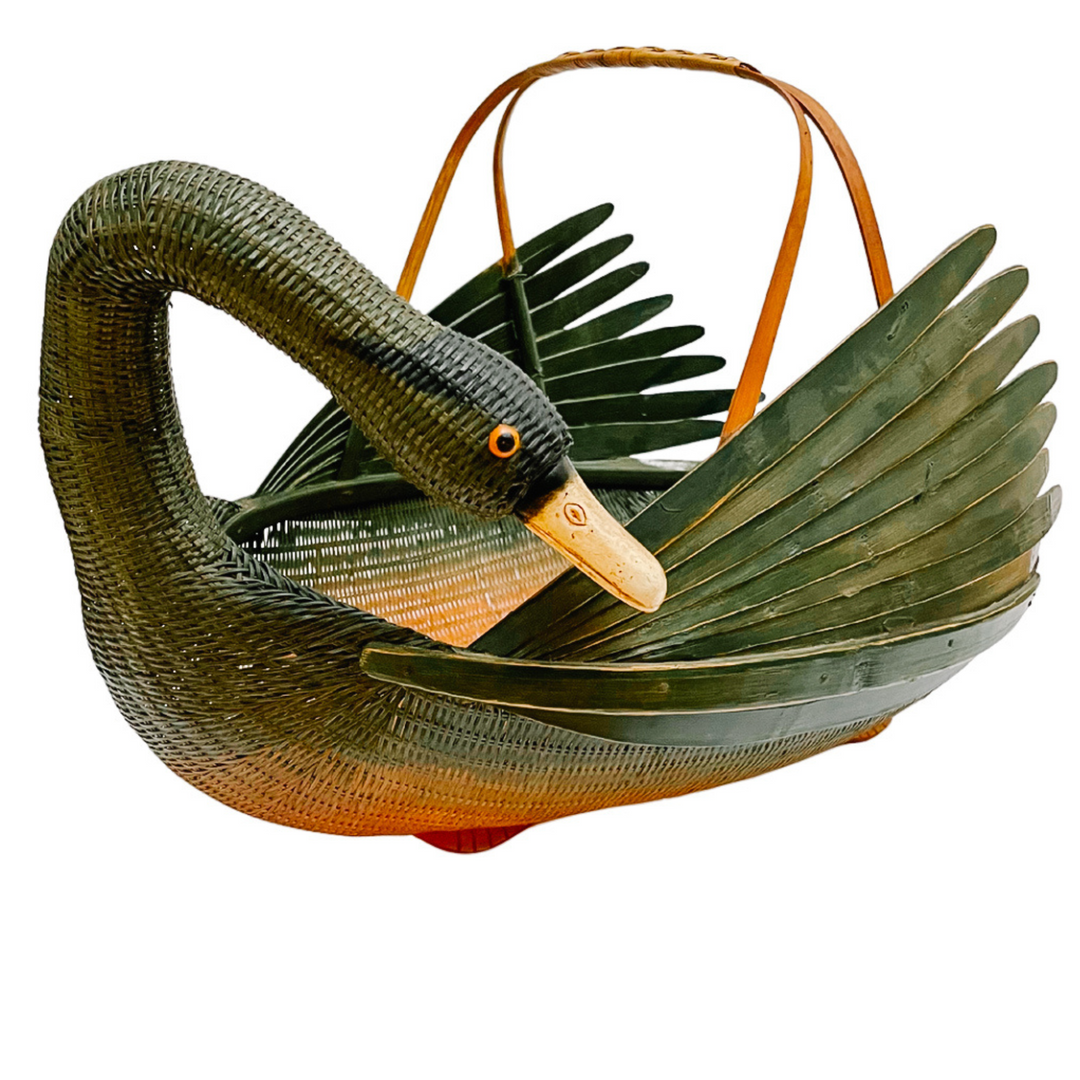 Green Woven Wicker Rattan & Bamboo Goose or Swan Duck Basket