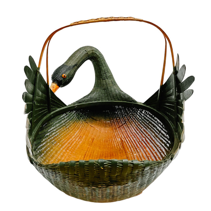 Green Woven Wicker Rattan & Bamboo Goose or Swan Duck Basket