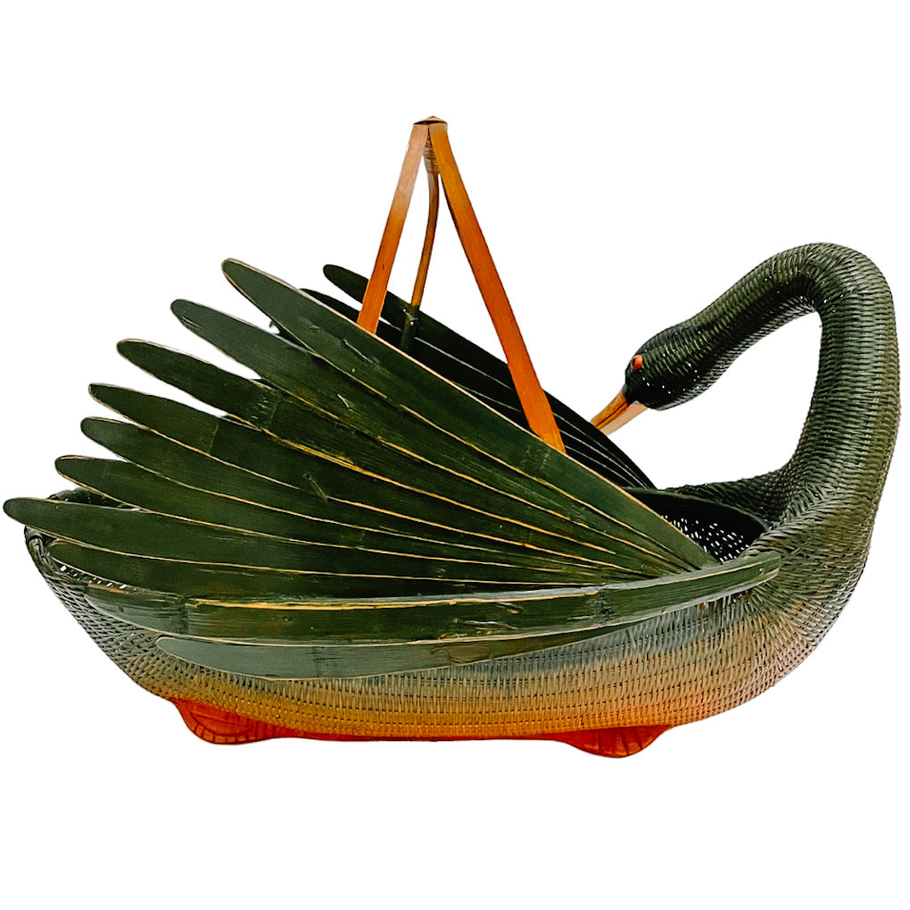 Green Woven Wicker Rattan & Bamboo Goose or Swan Duck Basket