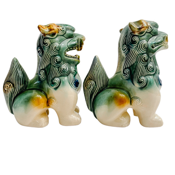 Vintage Green & Blue Glazed Ceramic Foo Dog Figurines