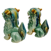Pair Of Green & Blue Glazed Ceramic Foo Dog Figurines