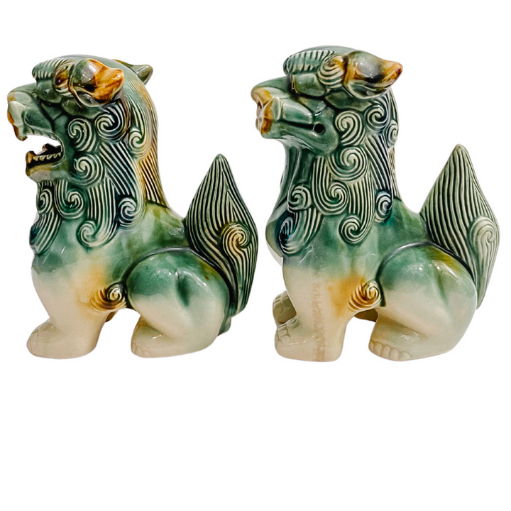 Vintage Green & Blue Glazed Ceramic Foo Dog Figurines