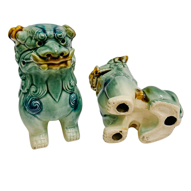 Pair Of Green & Blue Glazed Ceramic Foo Dog Figurines