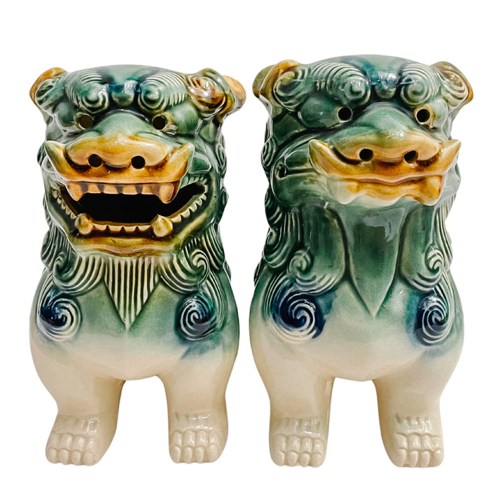 Vintage Green & Blue Glazed Ceramic Foo Dog Figurines